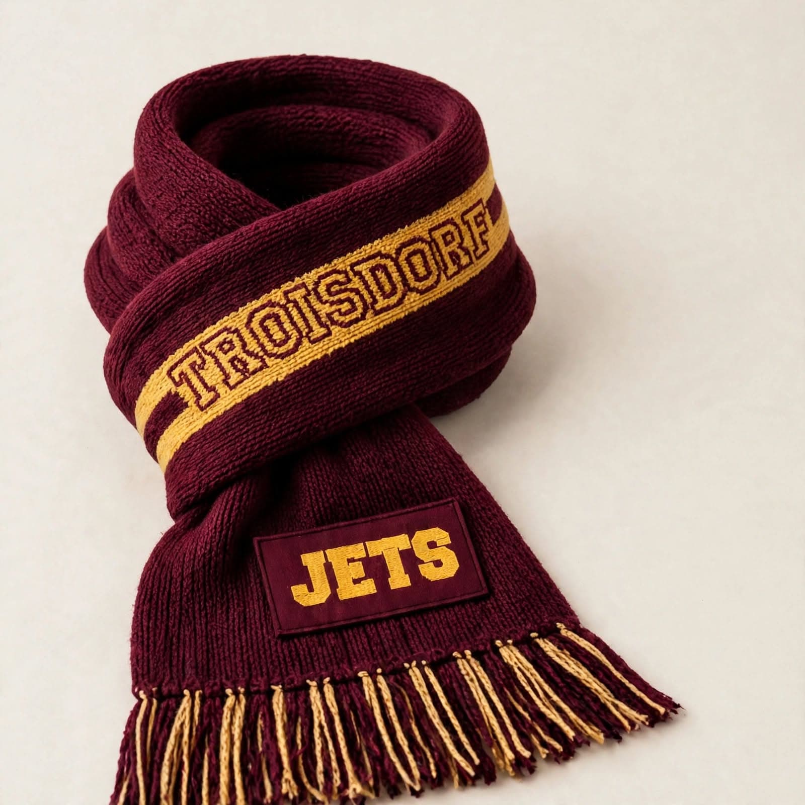 Bordo-sarı Troisdorf Jets jakarlı taraftar atkısı
