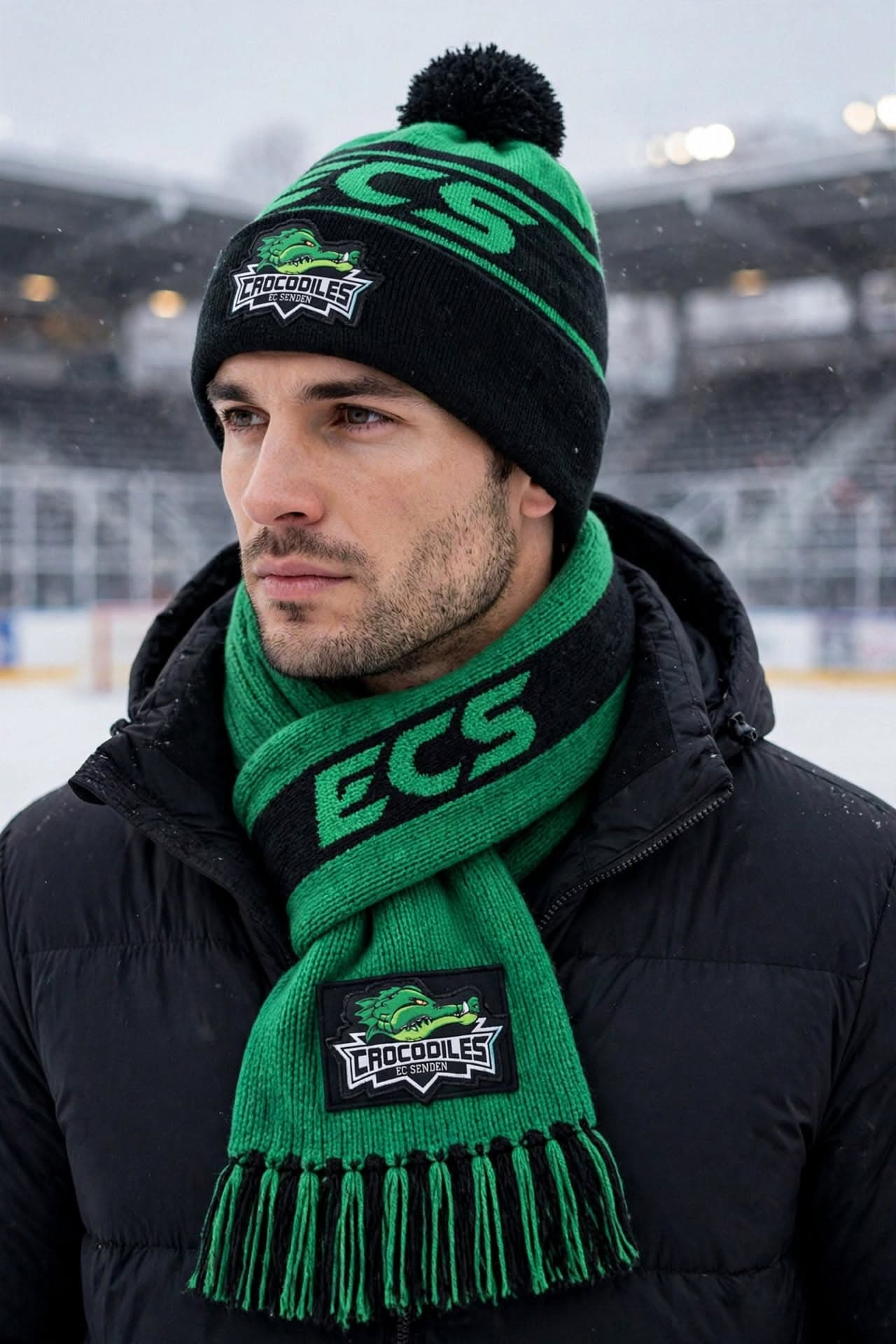 ECS Crocodiles bere ve atkısıyla tribünde bir taraftar