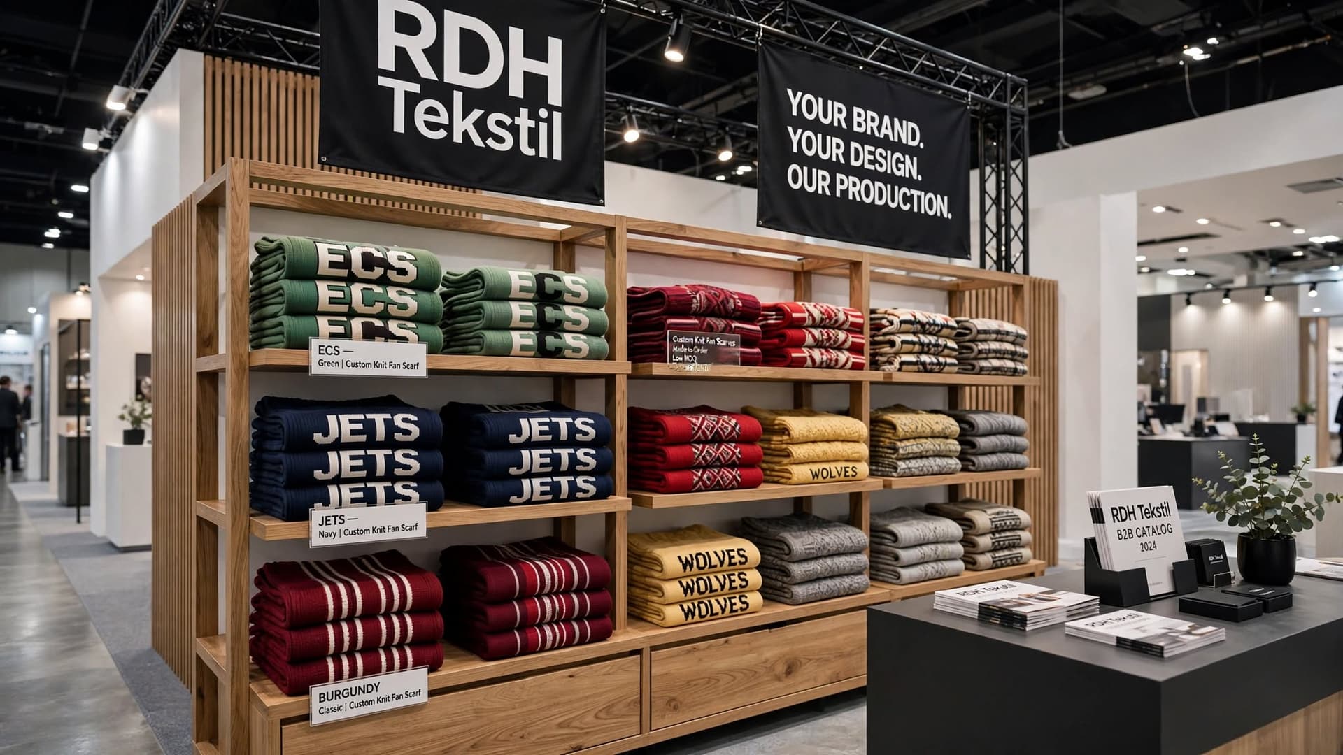 RDH Tekstil üretimi kulüp atkılarının raflarda sergilendiği alan